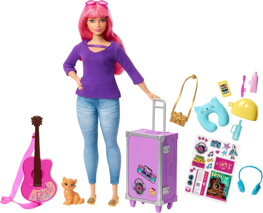 Barbie FWV26 -Puppe Daisy (kurvig mit pinkfarbenem Haar) und Kätzchen, Gitarre, aufklappbarem Koffer