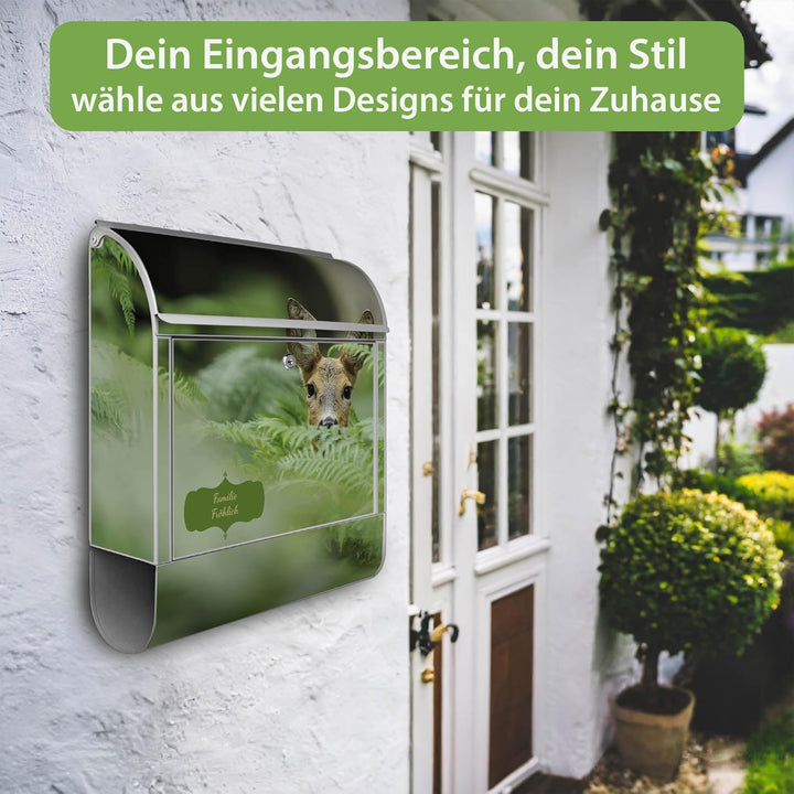 banjado® Design Briefkasten personalisiert mit Motiv REH 39x47x14cm & 2 Schlüssel/Briefkasten Stahl