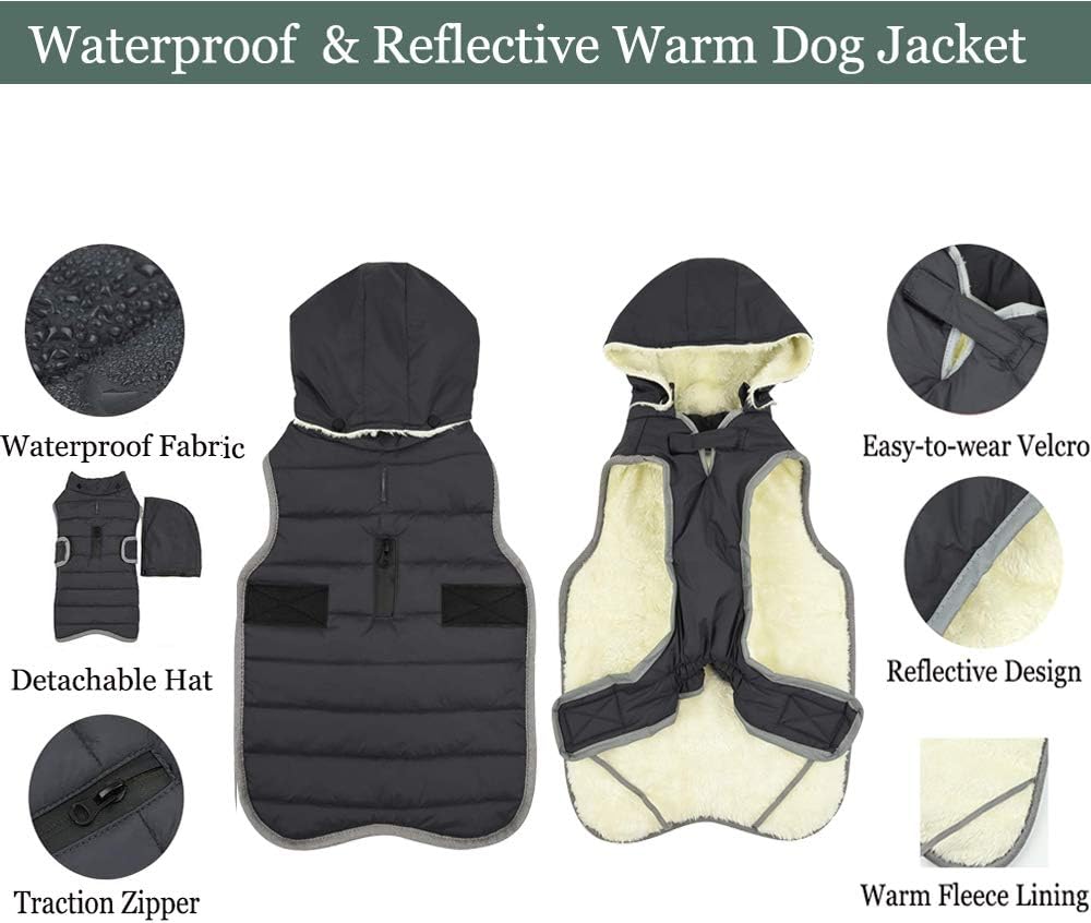 Winter Hundejacke with Abnehmbarem Hut, Hundemantel Wasserdicht Reflektierend Hund Mantel Warme Hood