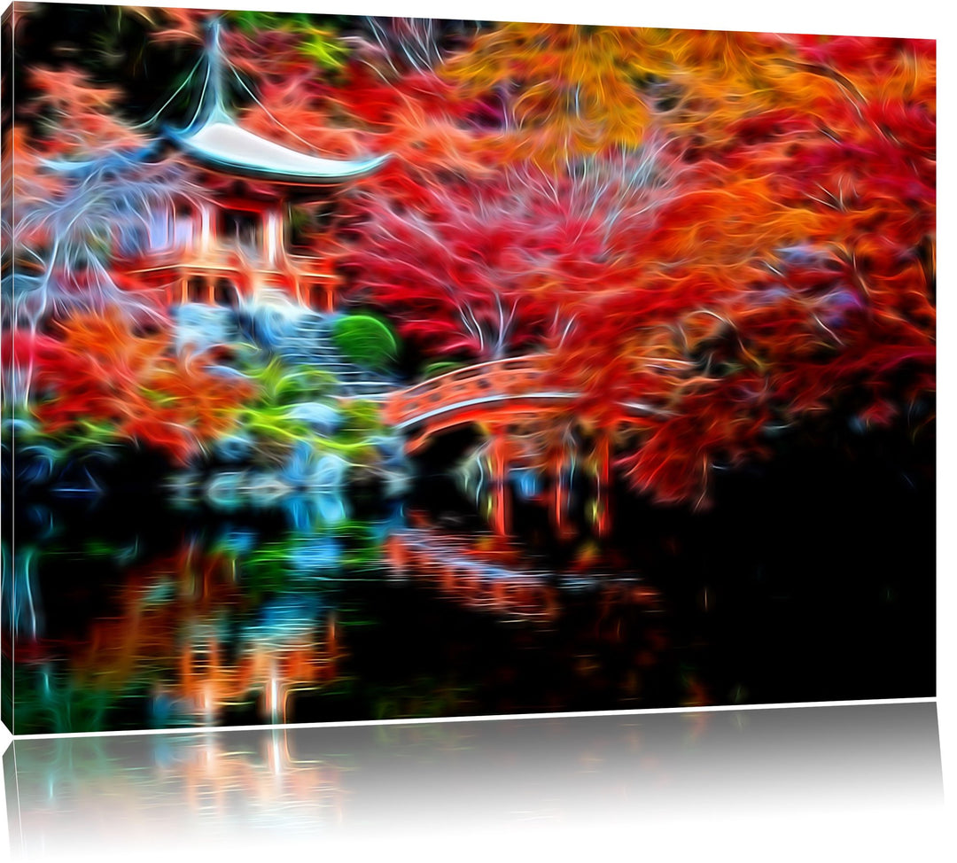 Dark Chinesischer Tempel, Bild auf Leinwand, XXL riesige Bilder fertig gerahmt mit Keilrahmen, Kunst