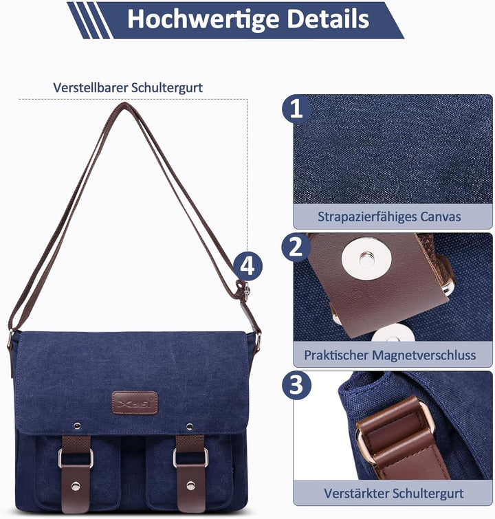 DORRISO Mode Umhängetasche Herren Schultertasche Leinwand Schultertaschen für 13.3 Zoll Laptop Kurie