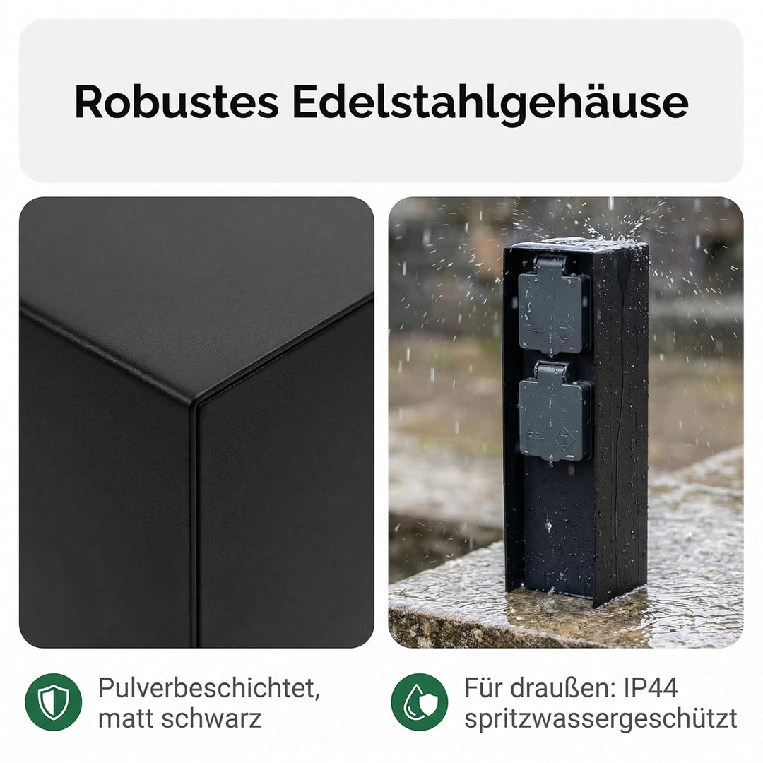 LED Universum Gartensteckdose aus Edelstahl, IP44 für aussen (Schwarz 2-fach), Schwarz 2-fach