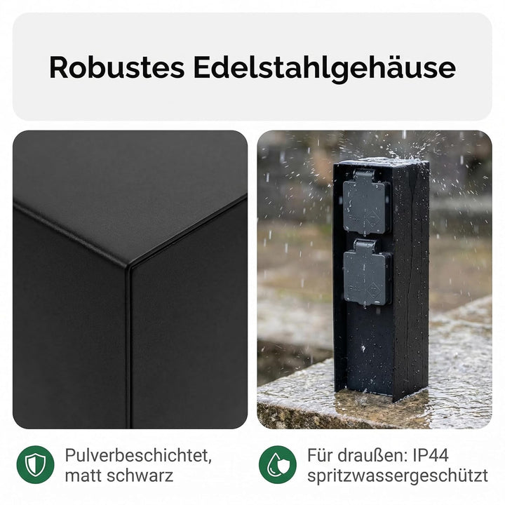 LED Universum Gartensteckdose aus Edelstahl, IP44 für aussen (Schwarz 2-fach), Schwarz 2-fach