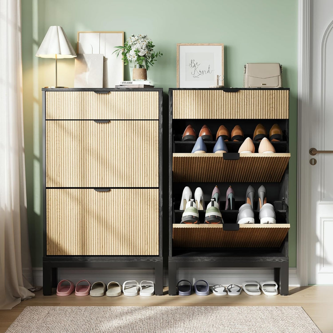 Litake Schuhkipper mit 2 Klappen, Schuhschrank Schuhkommode Schuhregal Schmal mit 4 Ablageflächen BB