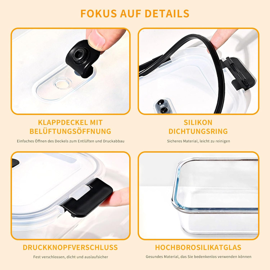 Meal Prep Boxen Glas 2er, Luftdichter Glasbehälter mit Deckel, 520ml Frischhaltedosen Glas mit Decke