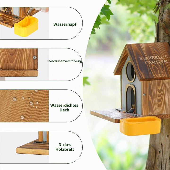 MIXXIDEA Eichhörnchen-Futterstation aus Holz mit Wasserschale, grosse Kapazität, Eichhörnchen-Futter