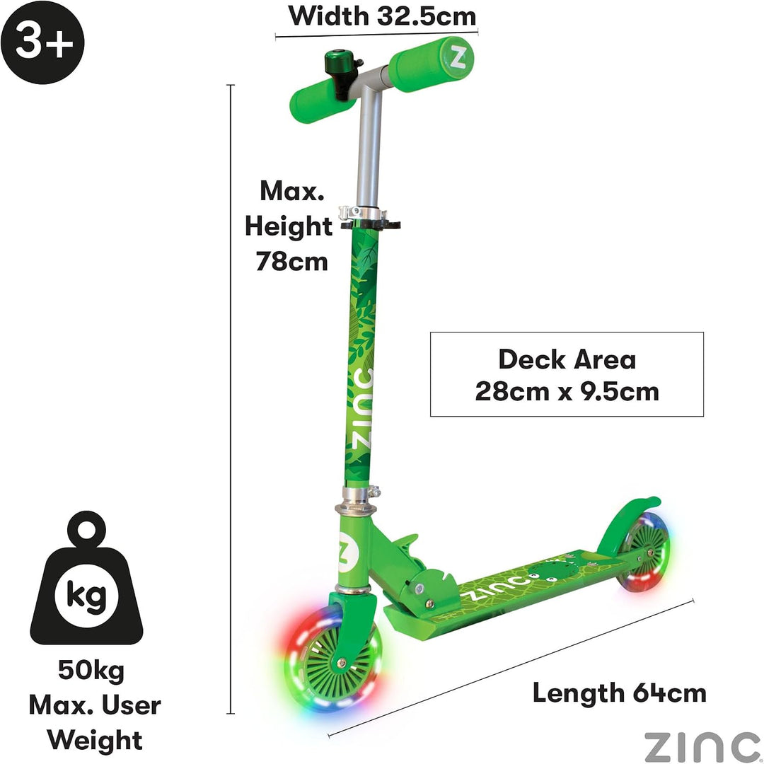 Zinc Two Wheeled Kids Scooter for Ages 3+ – Folding 2-Wheel Kick Scooter with Light Up Wheels, Light