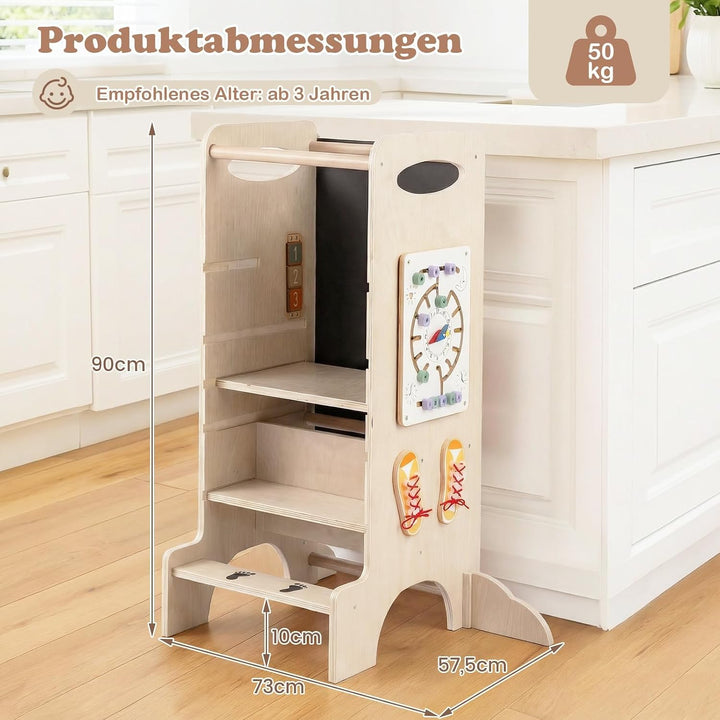 COSTWAY 4 in 1 Lernturm mit Spieltablett, Tritthocker Montessori mit 3 verstellbaren Höhen &amp; Abnehmb
