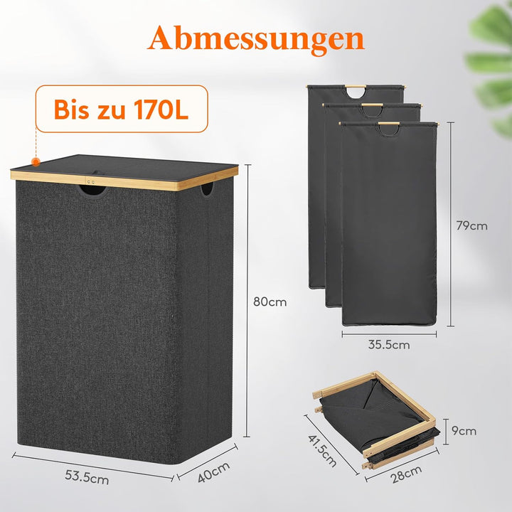 Lifewit 170L Bambus Wäschekorb mit Deckel, Faltbar Wäschesammler 3 Fächer Wäschesortierer mit Abnehm