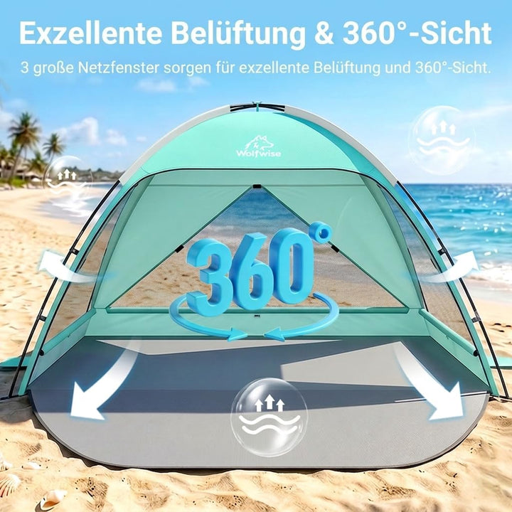 Wolfwise Strandmuschel UV Schutz, 3 Belüftungsfenster &amp; Tragetasche, Strand Zelt mit erweiterbarem B