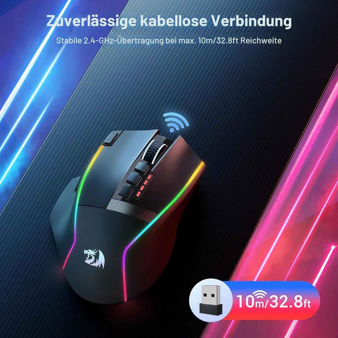 Redragon Gaming Maus Kabellose, 16000 DPI, 2.4G/USB-C Wireless Mouse, 9 Programmierbare Tasten, Wied