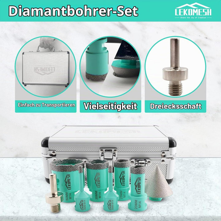 Diamant Bohrkrone Kit - 8pcs (6/6/20/25/35/50mm+50mm Diamant Fasenfräser+Adapter) LEKOMESH Diamant L