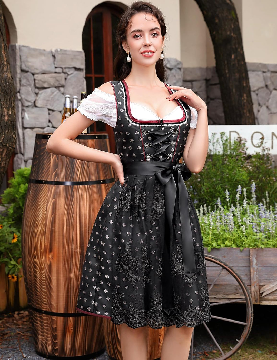 Clearlove Dirndl Damen Midi Trachtenkleid 3 Teilig inkl. Dirndl Kleid Dirndlschürze Dirndlbluse für
