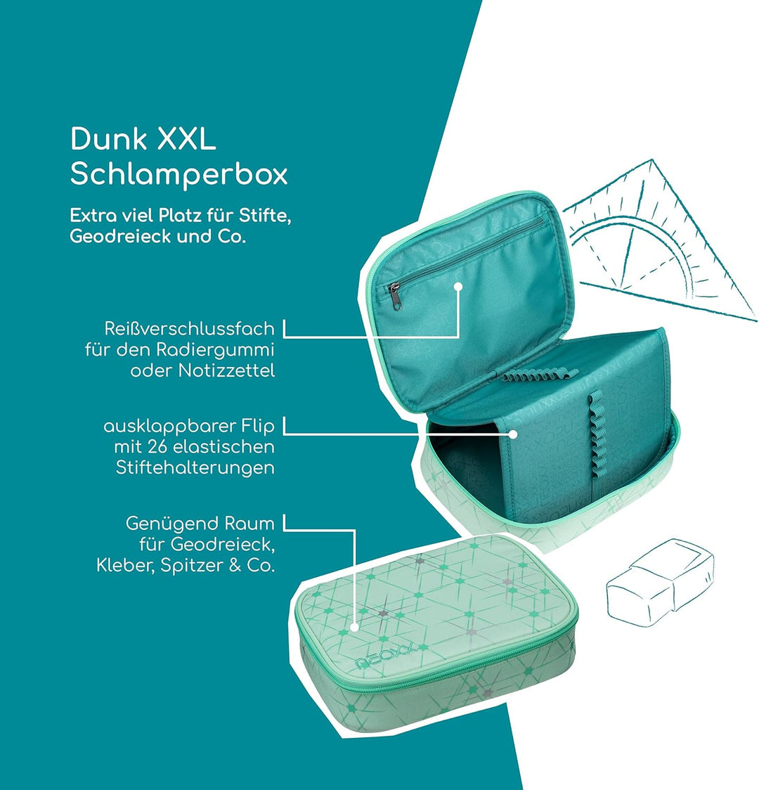 neoxx - Schlamperbox Dunk Mintastic – Platz für EIN Geodreieck – Stifte Flap mit 26 Stifteschlaufen