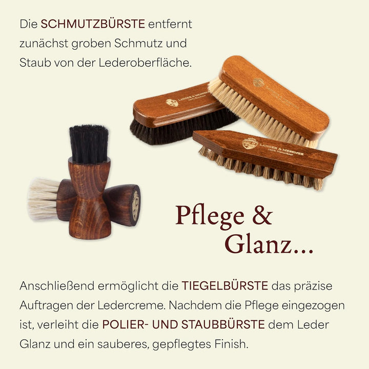 Langer & Messmer Schuhpflegeset inkl. hochwertigen Lederpflegecremes und Rosshaarbürsten zur effekti