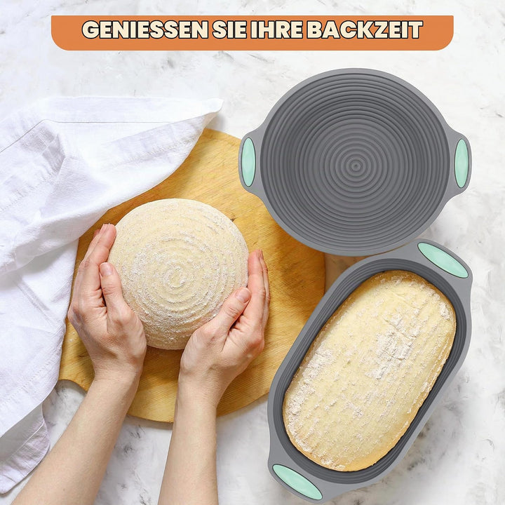Sauerteig Starter Set zum Brot Backen, Gärkorb Set aus 2er Faltbar Gärkörbchen Silikon, 2er Teigscha