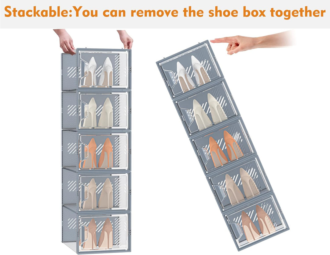 Schuhboxen Stapelbar Transparent, 12er Pack Schuhkarton mit Deckel, Schuhaufbewahrung für Stöckelsch