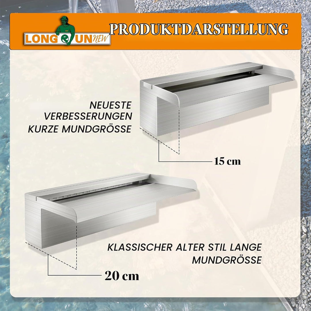 Teich Wasserfallklingen Set, 60 cm Edelstahl Poolfontäne mit Zubehör, Breite 15 cm Auslauf Wasserspi