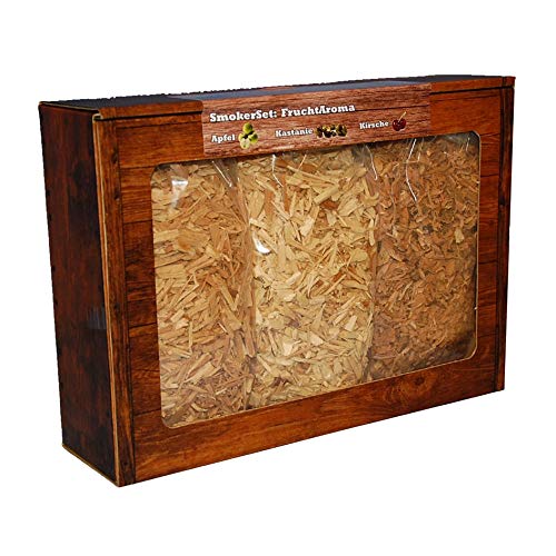 Landree Smoker-Set Fruchtaroma Räucherschnitzel 3X je 2 Liter (Apfel, Kastanie, Kirsche)