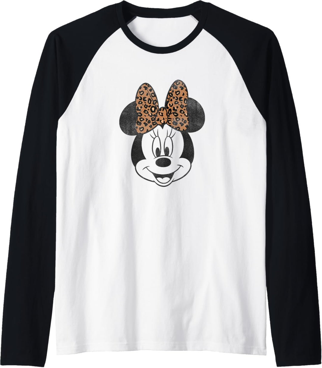 Disney Minnie Mouse Distressed Vintage Leopard Bow Face Raglan
