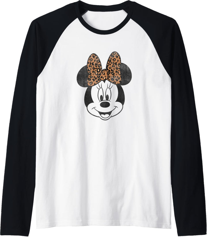 Disney Minnie Mouse Distressed Vintage Leopard Bow Face Raglan
