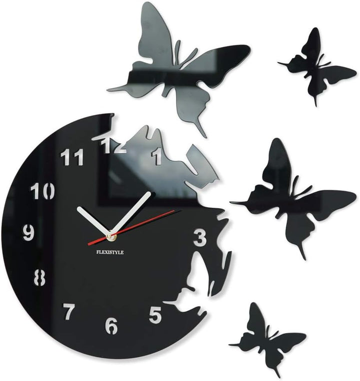 Grosse moderne Wanduhr Schmetterling Schwarz rund 30cm, 3d DIY, Wohnzimmer, Schlafzimmer, Kinderzimm