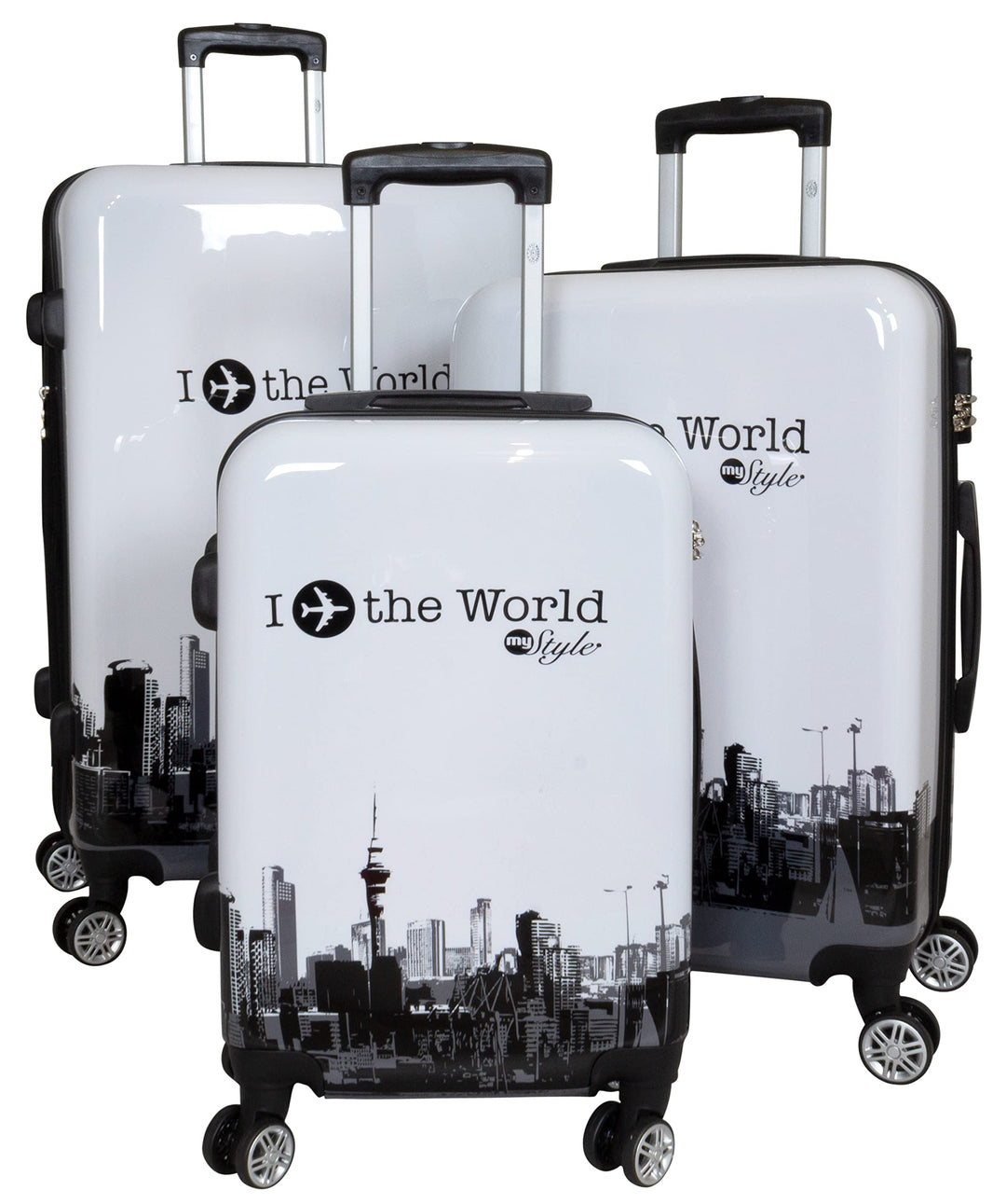 Trendyshop365 Hartschalen Koffer-Set 3-teilig mit Motiv Bedruckt - Fly The World Weiss - 4 Rollen Fl