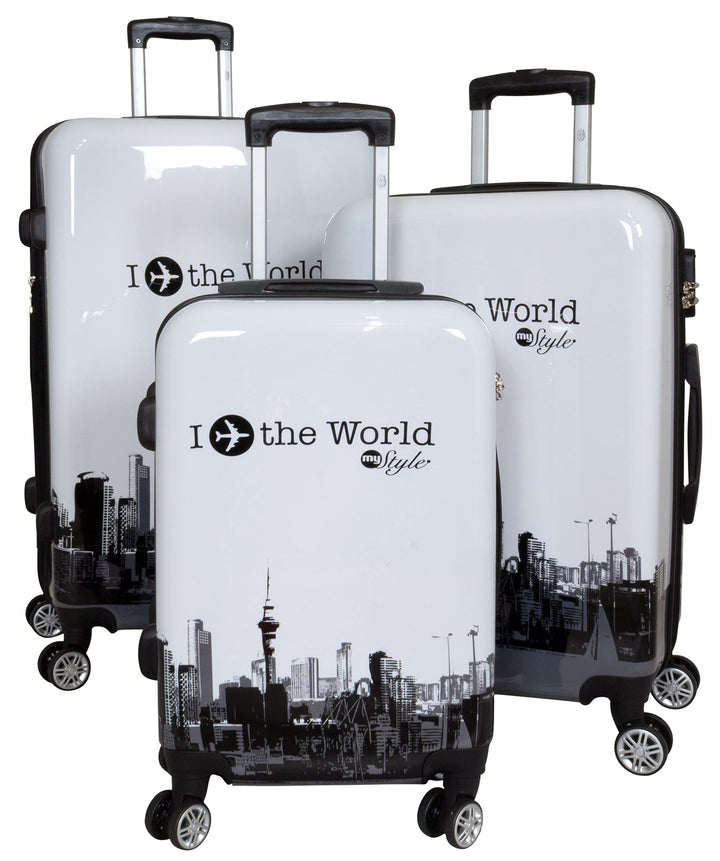 Trendyshop365 Hartschalen Koffer-Set 3-teilig mit Motiv Bedruckt - Fly The World Weiss - 4 Rollen Fl