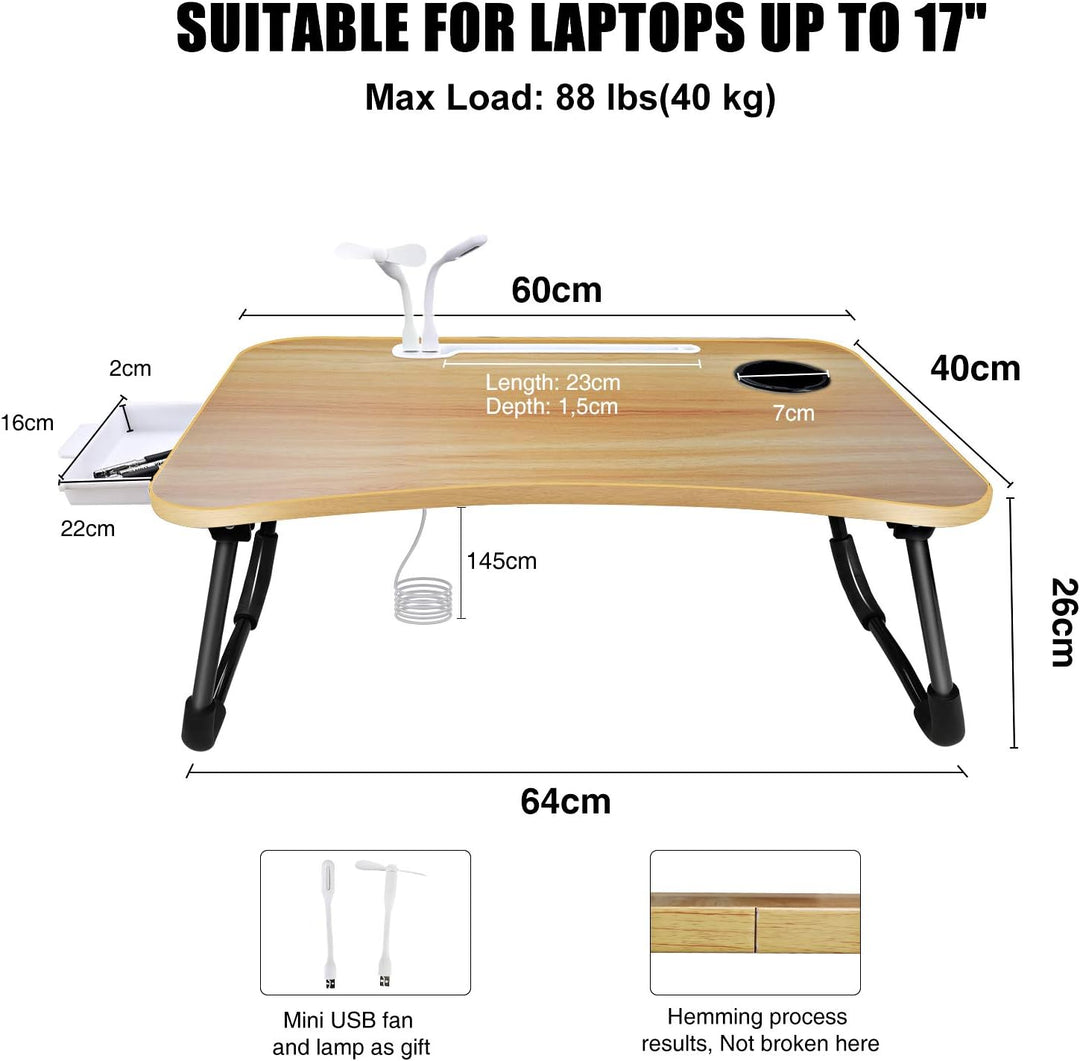A3A ACADGQ Laptoptisch, Laptop Betttisch Klappbar, Notebook Tisch mit 4 USB Ladeanschluss, Schublade