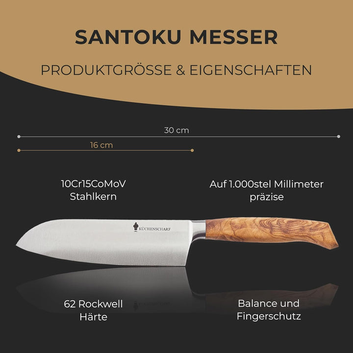 Profi Santoku Küchenmesser 16 cm mit Olivenholzgriff - Ergonomisches Kochmesser aus 100% Edelstahl f