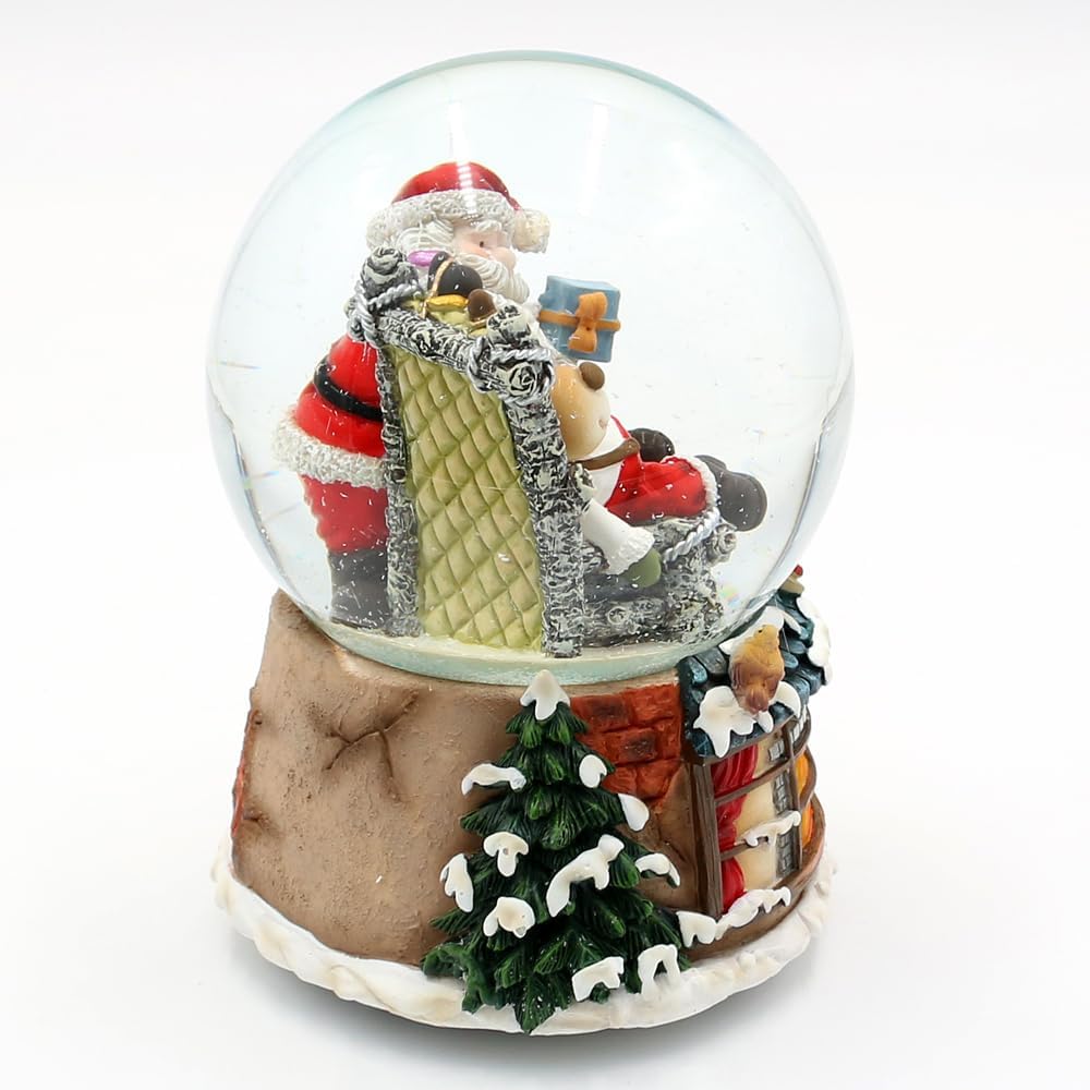 Schneekugel Rentier im Sessel und Weihnachtsmann, auf Kamin Sockel, mit Spielwerk, Melodie: Here Com