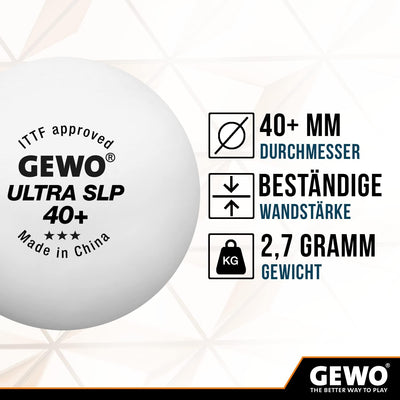 GEWO Ultra SLP Tischtennisbälle - 3 Sterne Tischtennis-Ball aus Plastik 40+ ohne Naht - ITTF-zertifi