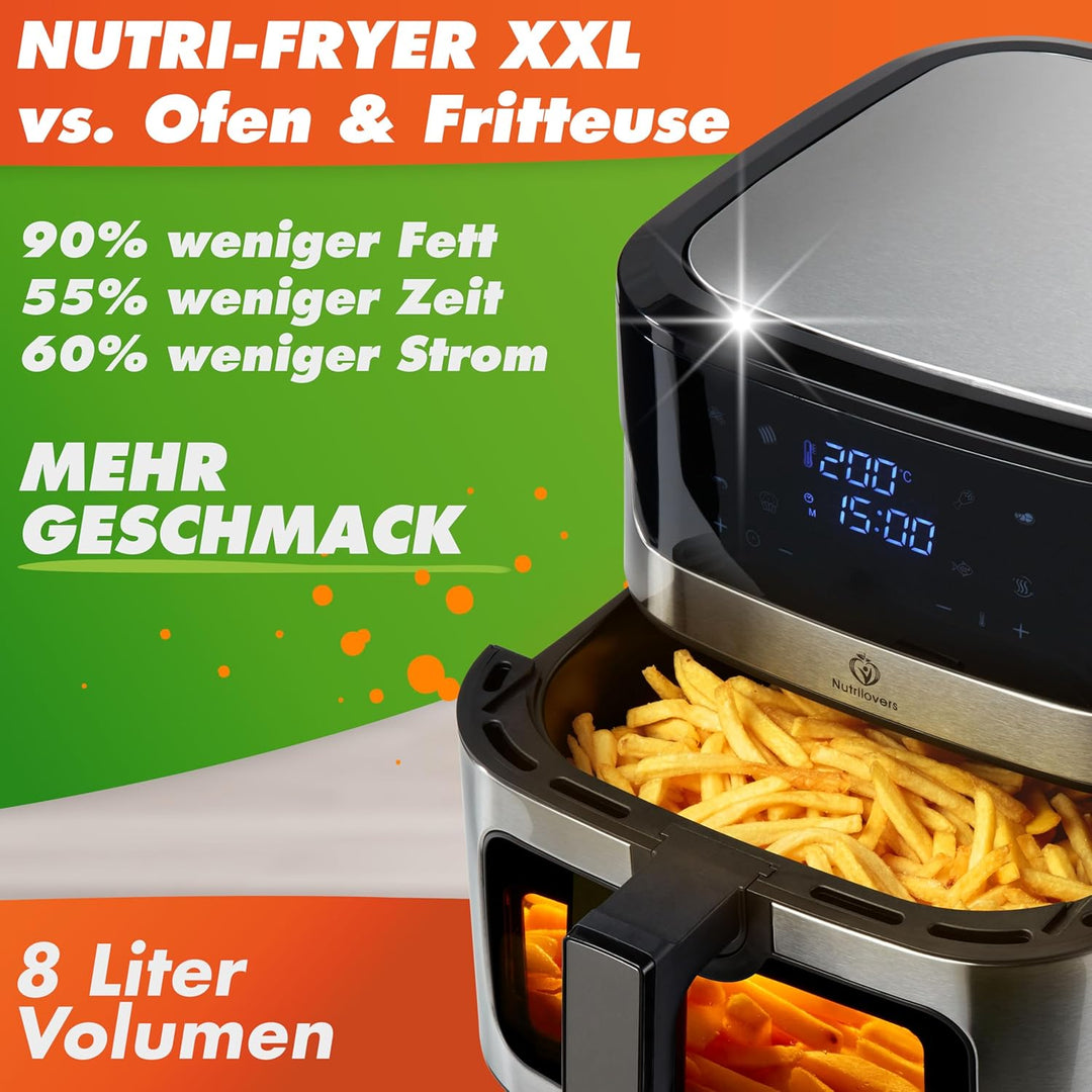 Nutrilovers Heissluftfritteuse NUTRI-FRYER EDELSTAHL XXL 8L, 2000W, Airfryer Edelstahl mit LED Touch