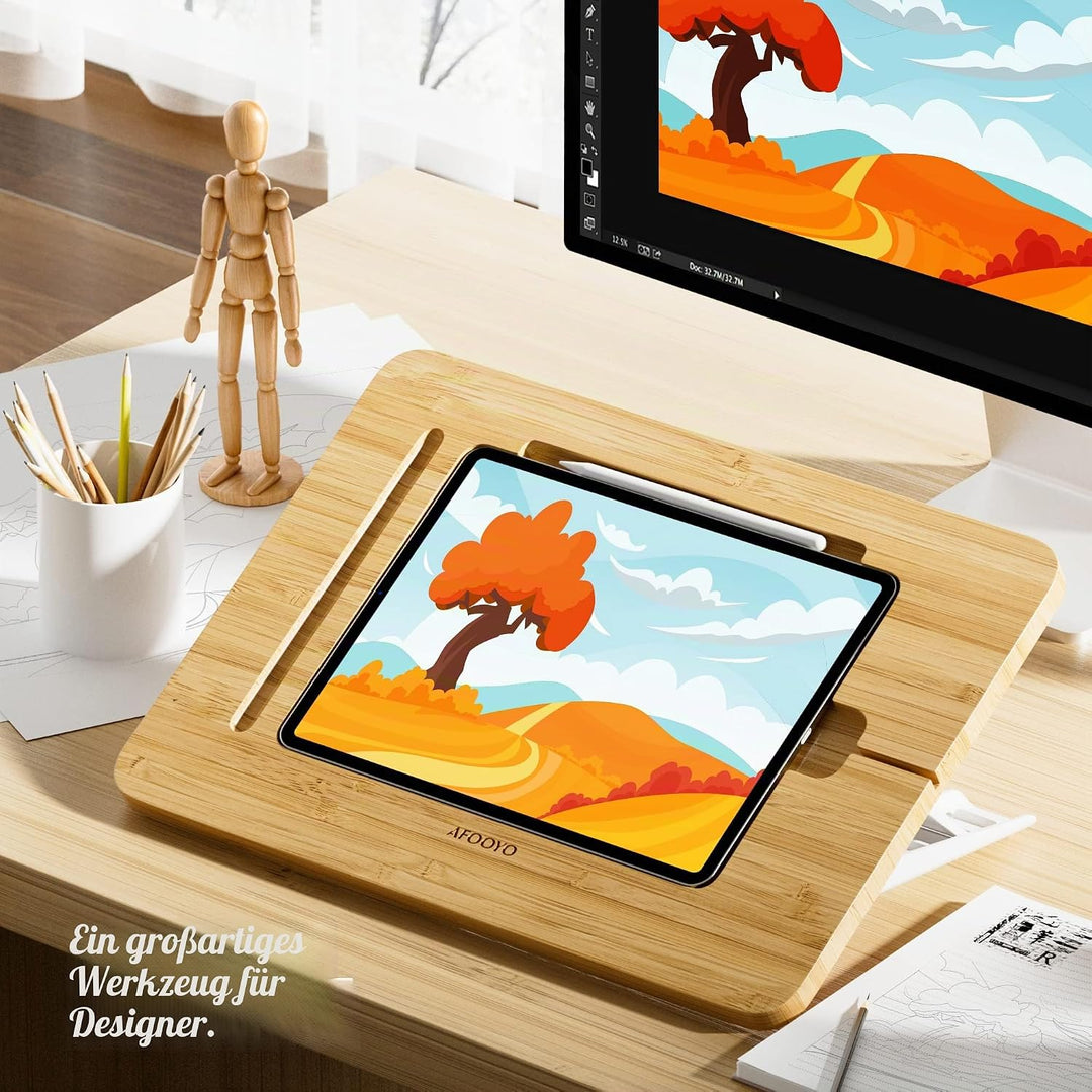 AFOOYO Tablet-Ständer, verstellbar, faltbar, tragbar, für Schreibtisch, Bambus, Holz, kompatibel mit