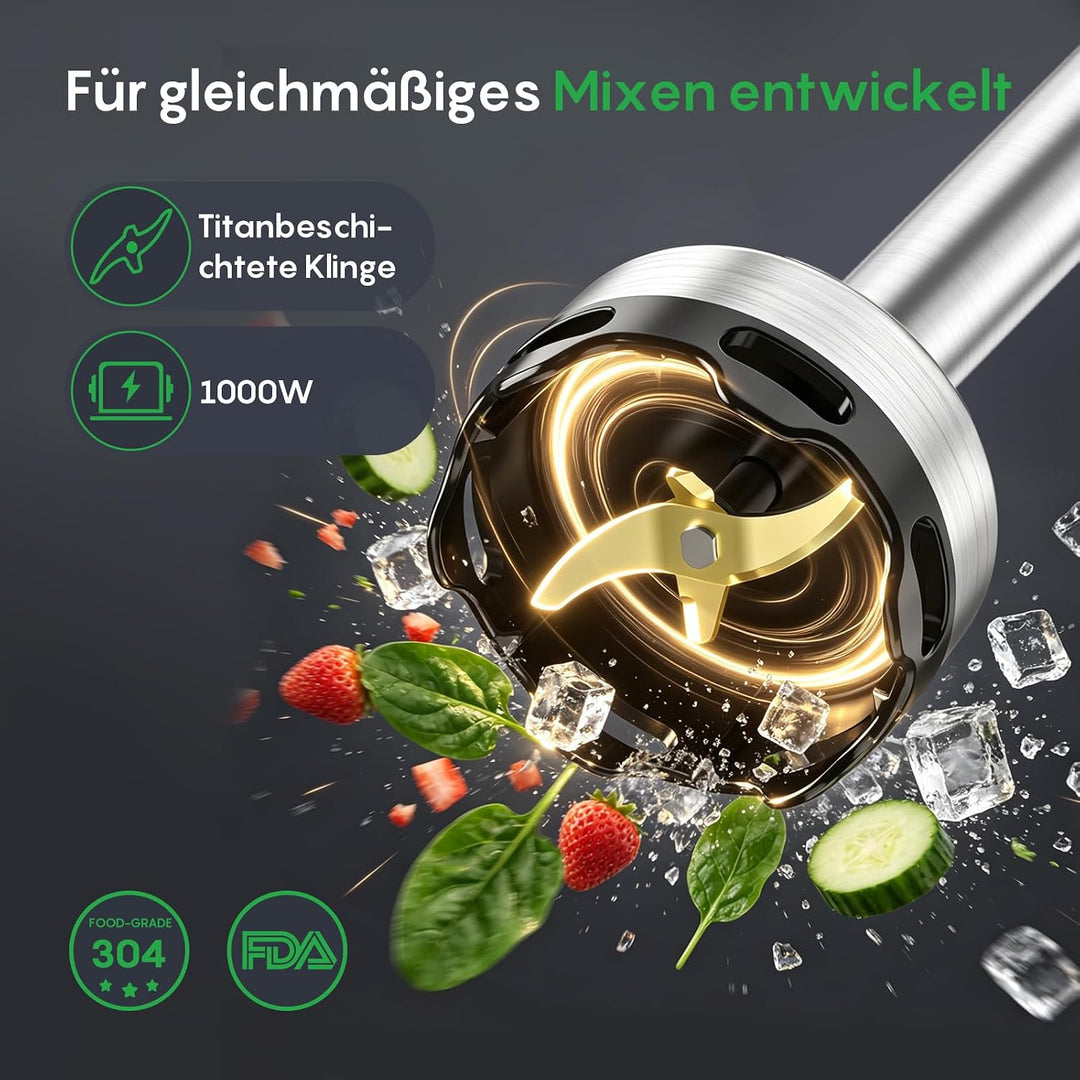 FRESKO Stabmixer 1000W, Stufenlos Regulierbare Geschwindigkeiten, Pürierstab aus Edelstahl mit Schut