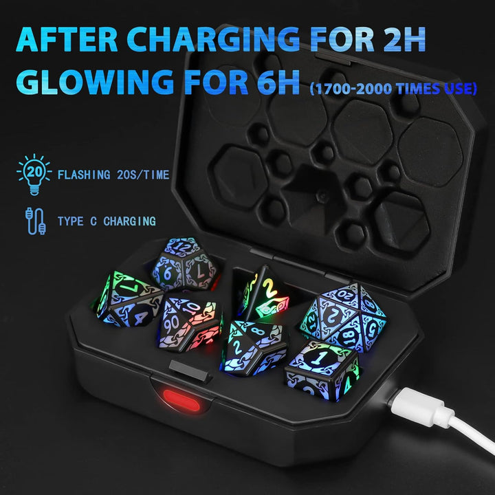 ZHOORQI DND Würfel Wiederaufladbar mit Ladebox, 7 PCS LED Elektronische Polyedrische Würfel Set für