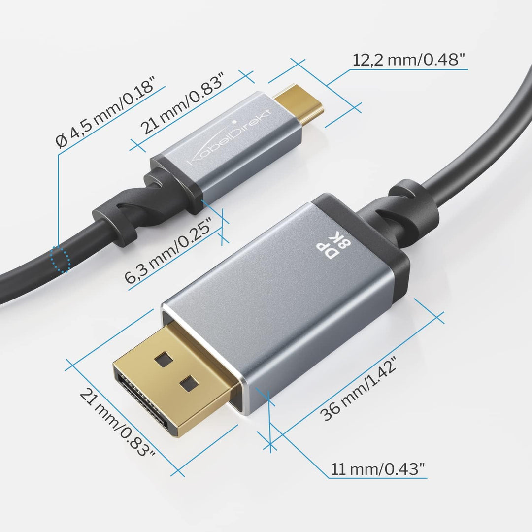 KabelDirekt – 8K USB C auf DisplayPort 1.4 Adapter Kabel mit bruchfesten Vollmetall-Steckern – 1,8 m