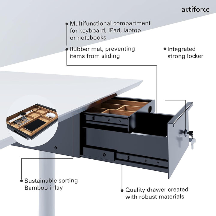 ACTIFORCE® Premium Untertischschublade abschliessbar, mit 2 Schubfächern und Bambuseinlage | schwarz
