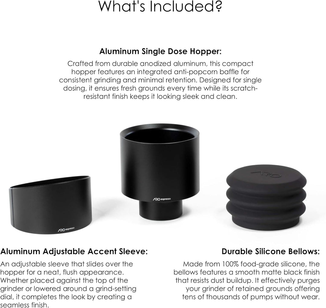 ARO Espresso™ Aluminium-Einzeldosis-Trichter mit Silikonbalg und integriertem Anti-Popcorn-Schaublem