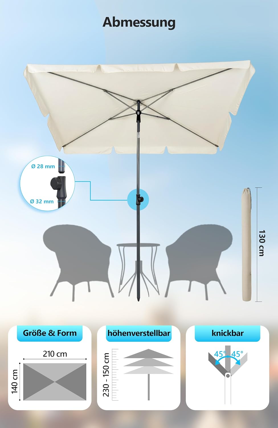 4smile Sonnenschirm Balkon im Set – Sonnenschirm rechteckig 210×140 cm, UV 50+ Sonnenschutz Balkon,