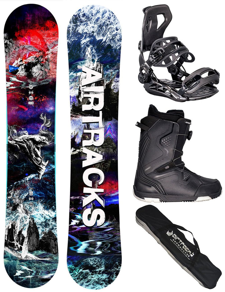 Airtracks Herren Snowboard Set - Fantasy Carbon Flat Zero Rocker Snowboard Wide + Snowboard Bindung