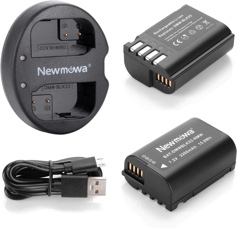 Newmowa Ersatz Akku DMW-BLK22 (2er Pack) und Tragbar Micro USB Dual Ladegerät Kit für Panasonic DMW-