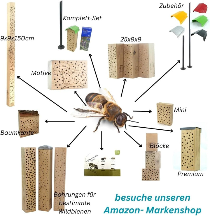 Premium Nisthilfe Wildbienen Bienen Insekten Hotel aus Massivholz zum Aufhängen mit Dach - Bienenfre