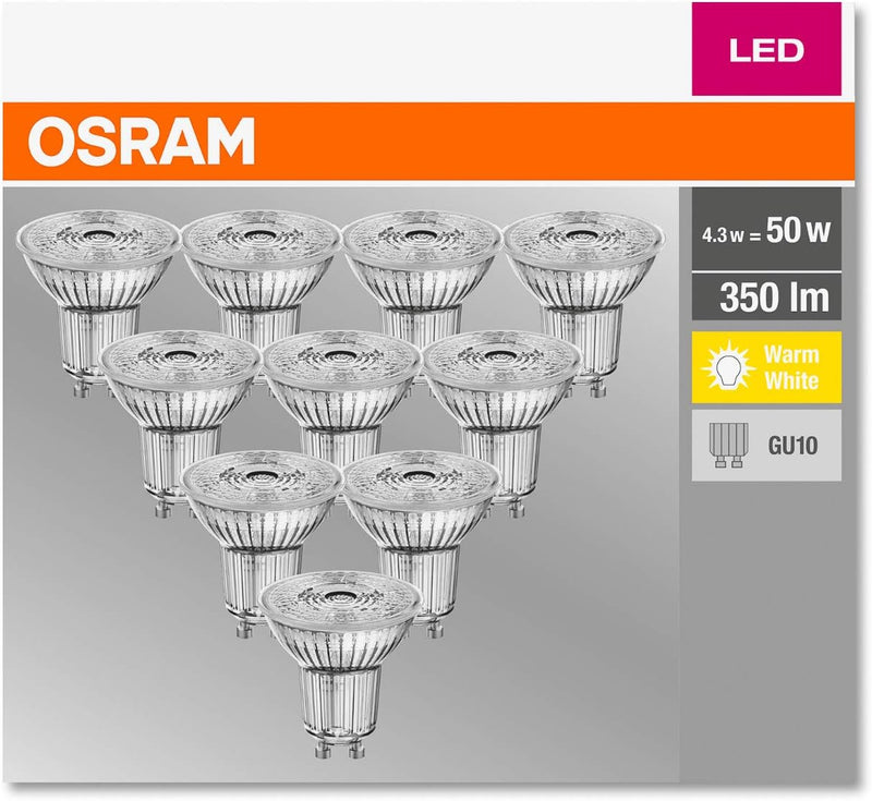 Osram Base PAR16 LED-Reflektorlampe mit GU10-Sockel, 4.3 W, Warmweiss, 10 Stück (1er Pack) 50W 10 Pa