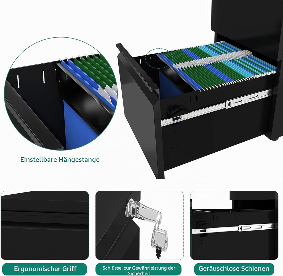 YITAHOME Mobiler Aktenschrank, Abschliessbar Rollcontainer mit 3 Schubladen für A4, Legal, Letter, M