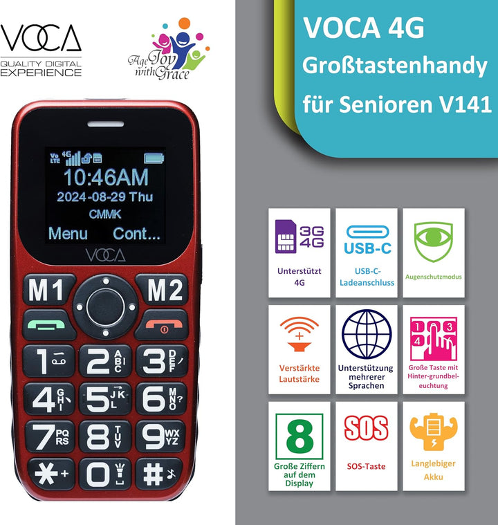 VOCA 4G-Telefon mit grossen Tasten für Senioren | Entsperrtes 4G LTE | Verstärkte Lautstärke | SOS-T