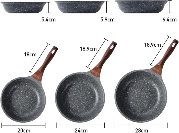 RIOVARM Induktion Bratpfanne Set 20 24 28 cm, Antihaft Granit beschichtung Pfannenset, Brat- & Unive