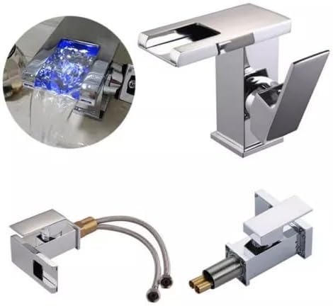 LED Wasserfall Wasserhahn 304 Edelstahl Messing Einhebelmischer RGB 3 Farbewechsel Waschtischarmatur