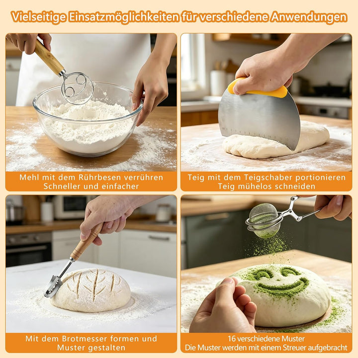 Sauerteig Starter Set mit Gärkorb, Gärglas und Brotbackzubehör | Brotbackset Mit Gärkörbchen 23CM mi