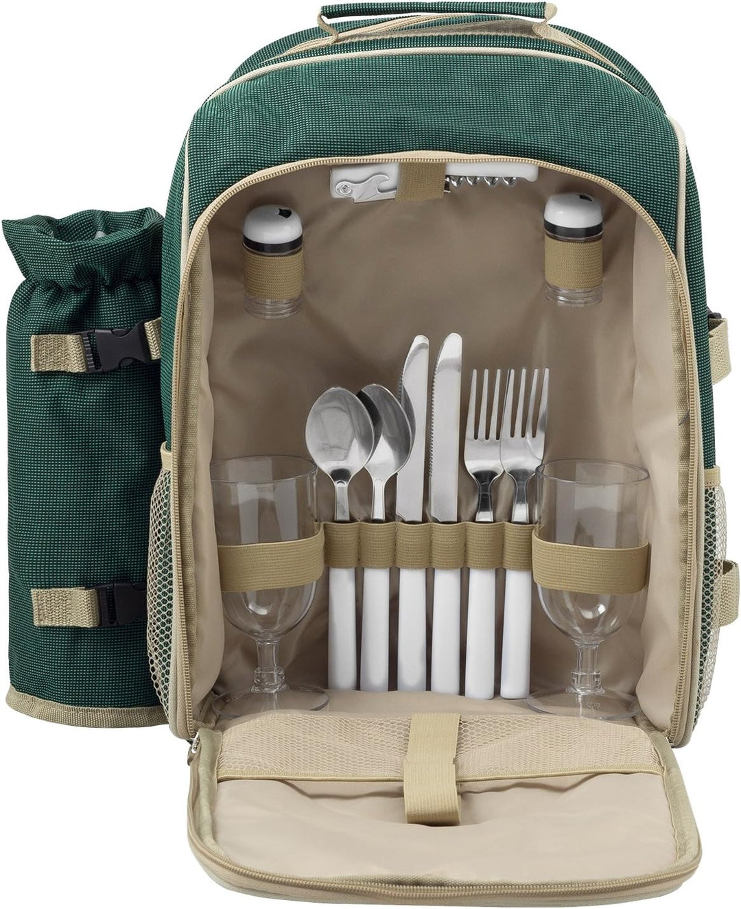 anndora Picknickrucksack mit Kühlfach grün + Zubehör 15 teilig - 2 Personen, Grün